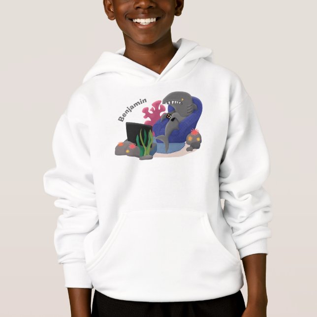 Funny shark watching TV cartoon Hoodie (Front)