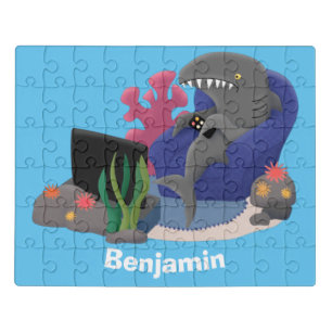 Funny shark watching TV cartoon Jigsaw Puzzle