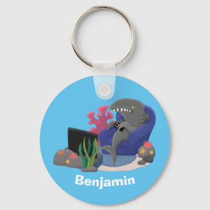 Funny shark watching TV cartoon Keychain
