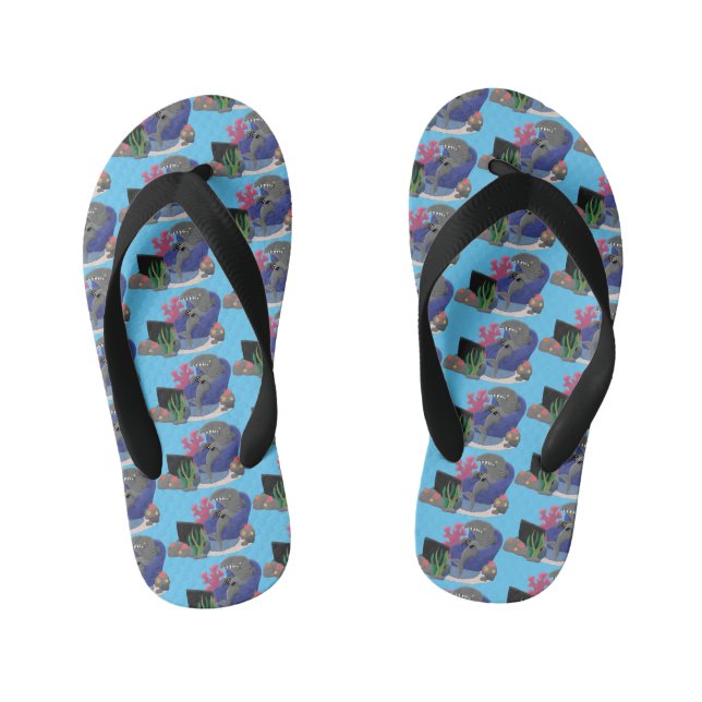 Funny shark watching TV cartoon Kid's Flip Flops (Footbed)