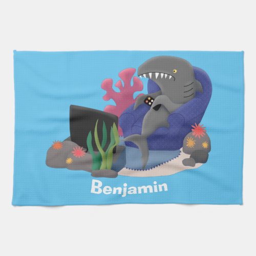 Funny shark watching TV cartoon Kitchen Towel