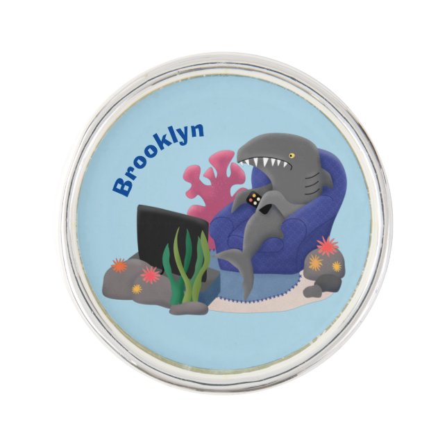 Funny shark watching TV cartoon Lapel Pin (Front)