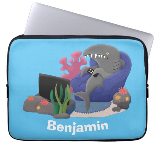 Funny shark watching TV cartoon Laptop Sleeve