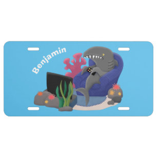 Funny shark watching TV cartoon License Plate