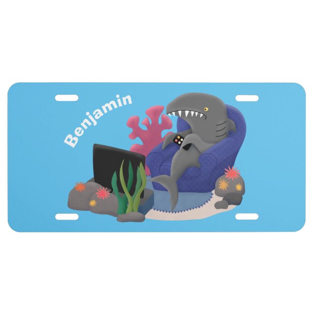 Funny shark watching TV cartoon  License Plate (Front)