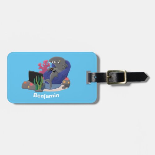 Funny shark watching TV cartoon Luggage Tag