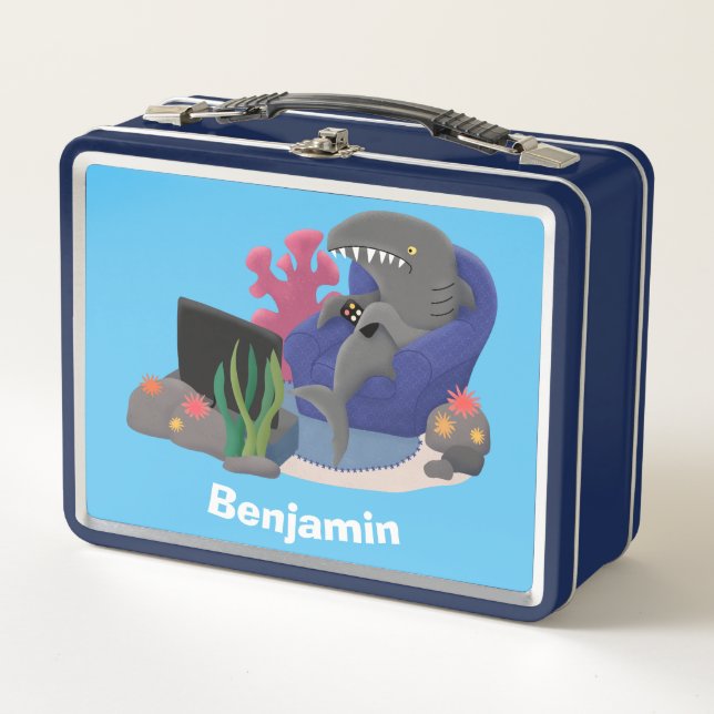 Funny shark watching TV cartoon Metal Lunch Box (Front)