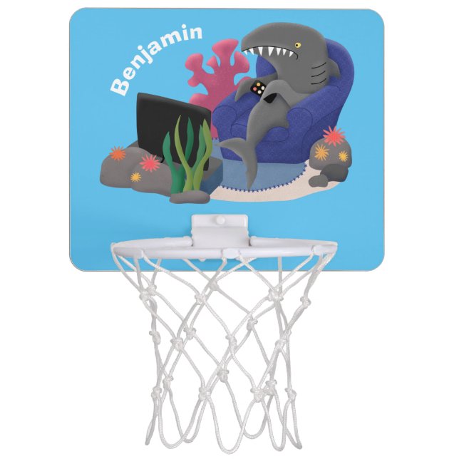 Funny shark watching TV cartoon Mini Basketball Hoop (Front)