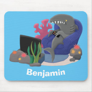 Funny shark watching TV cartoon Mouse Pad