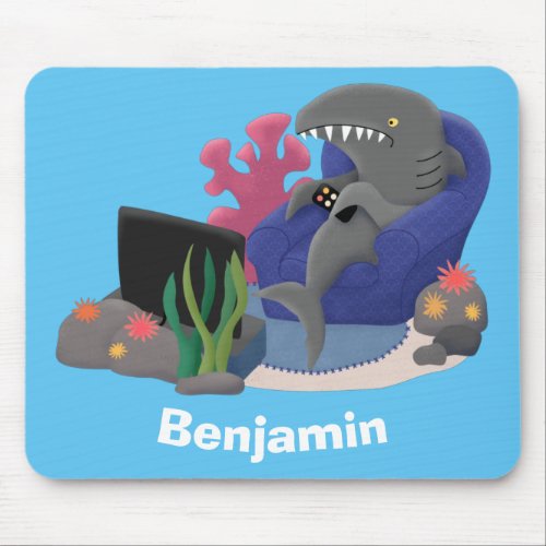 Funny shark watching TV cartoon Mouse Pad