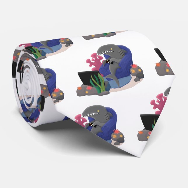Funny shark watching TV cartoon Neck Tie (Rolled)