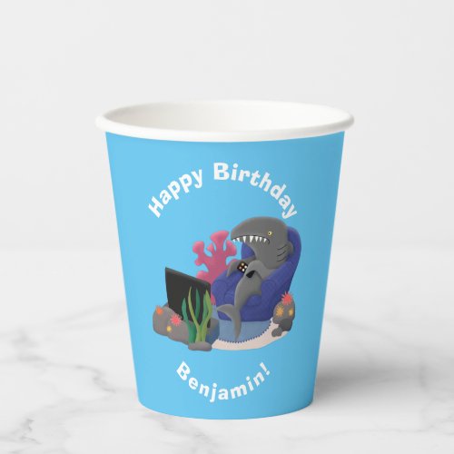 Funny shark watching TV cartoon Paper Cups