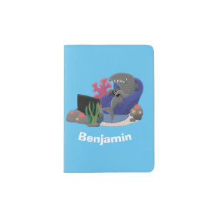 Funny shark watching TV cartoon Passport Holder