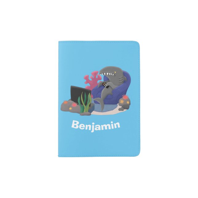 Funny shark watching TV cartoon Passport Holder (Front)
