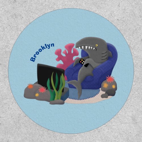 Funny shark watching TV cartoon Patch