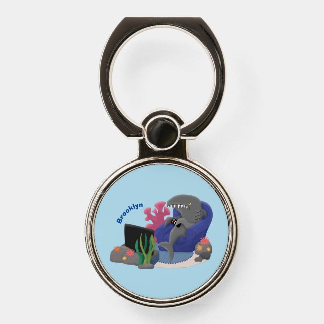 Funny shark watching TV cartoon Phone Ring Stand (Front)