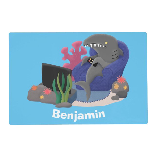 Funny shark watching TV cartoon Placemat (Front)