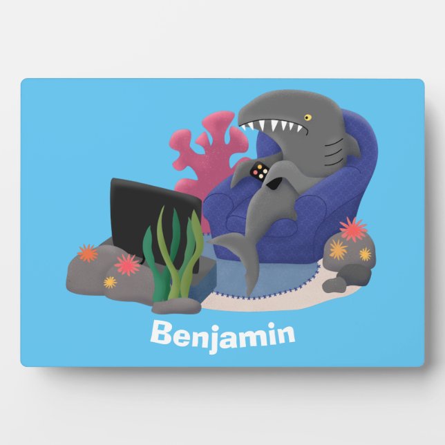 Funny shark watching TV cartoon Plaque (Front)
