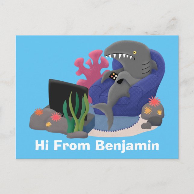 Funny shark watching TV cartoon Postcard (Front)