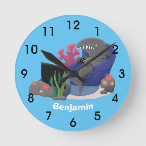 Funny shark watching TV cartoon Round Clock