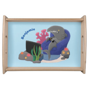 Funny shark watching TV cartoon Serving Tray