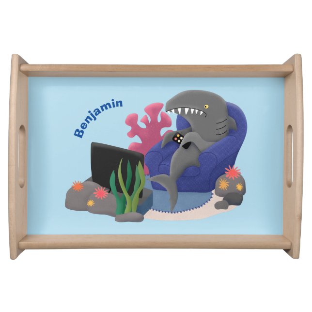 Funny shark watching TV cartoon Serving Tray (Front)