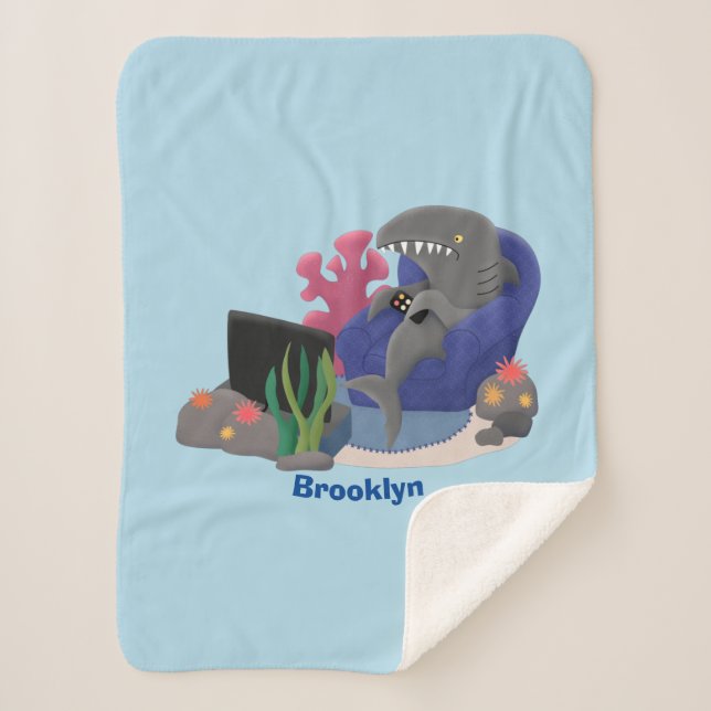 Funny shark watching TV cartoon Sherpa Blanket (Front)