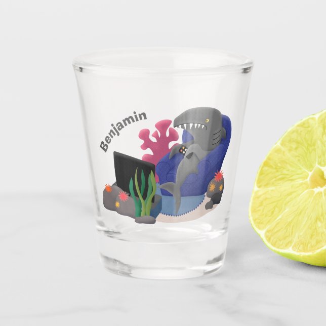 Funny shark watching TV cartoon Shot Glass (Front)