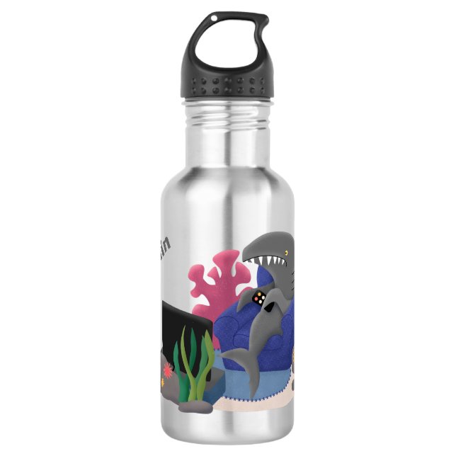 Funny shark watching TV cartoon Stainless Steel Water Bottle (Front)