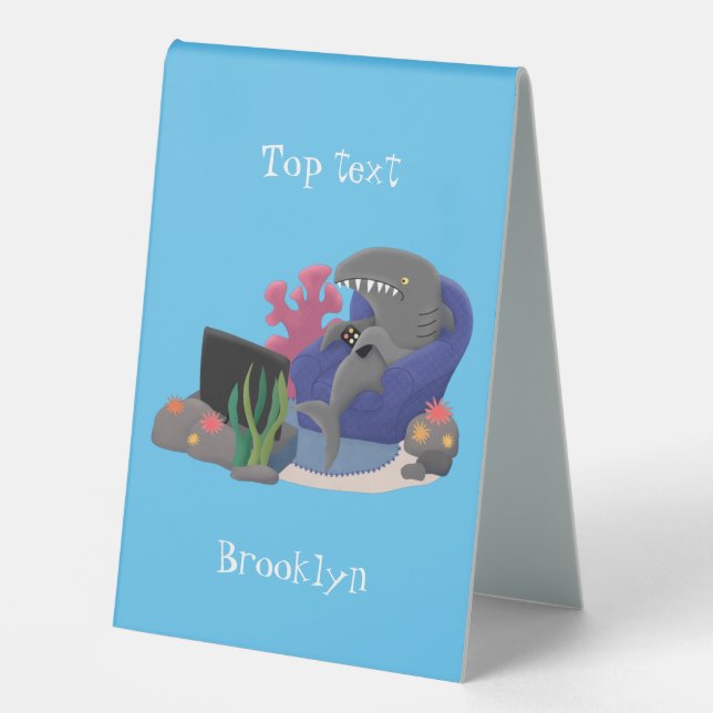 Funny shark watching TV cartoon Table Tent (Front)