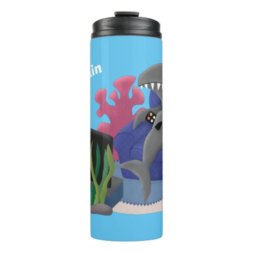 Funny shark watching TV cartoon Thermal Tumbler