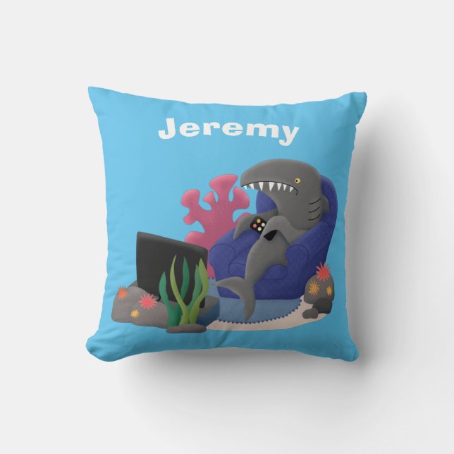 Funny shark watching TV cartoon Throw Pillow (Front)
