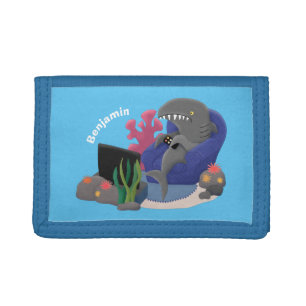 Funny shark watching TV cartoon Trifold Wallet