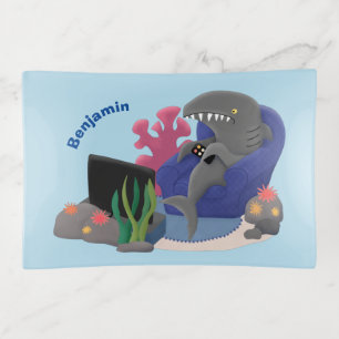 Funny shark watching TV cartoon Trinket Tray