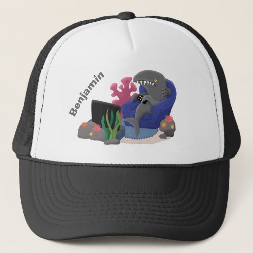 Funny shark watching TV cartoon Trucker Hat