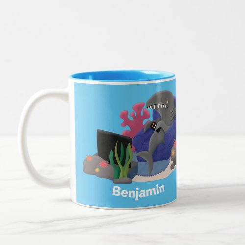 Funny shark watching TV cartoon Two_Tone Coffee Mug