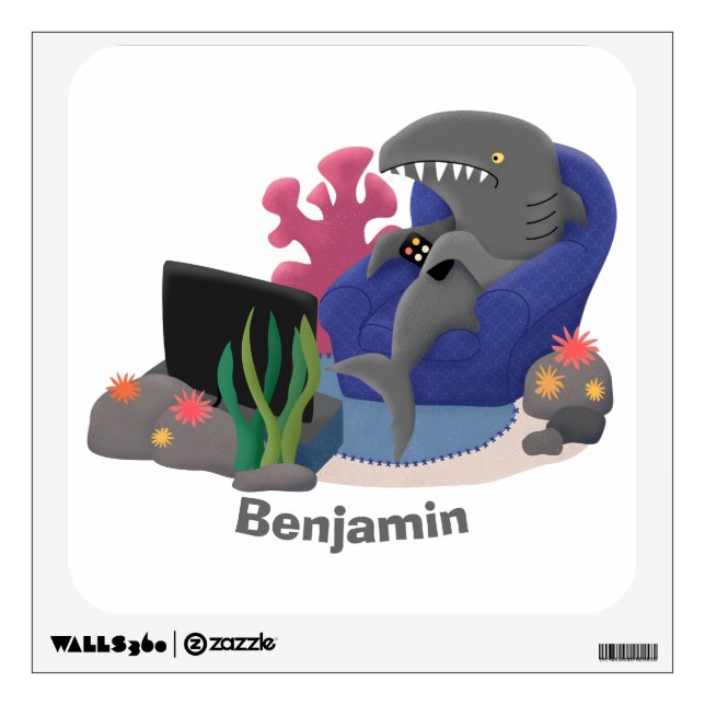 Funny shark watching TV cartoon Wall Decal (Front)