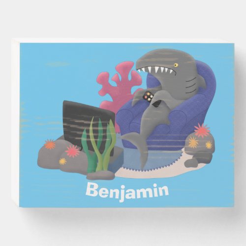 Funny shark watching TV cartoon Wooden Box Sign