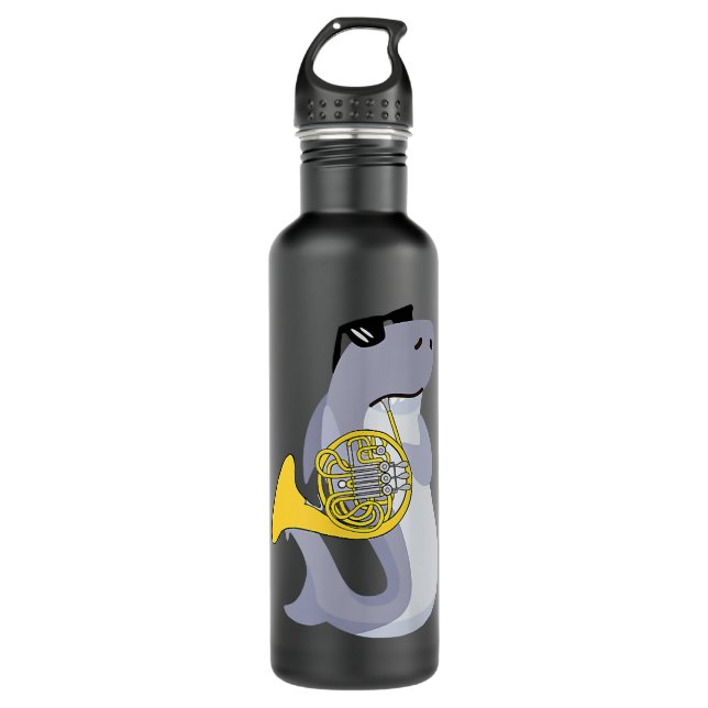 Funny Shark Wearing Sunglasses Playing French Horn Stainless Steel Water Bottle (Front)