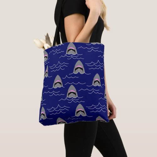 Funny Sharks and Ocean Waves Patterned Blue Tote Bag