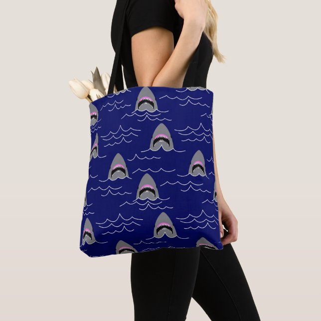 Funny Sharks and Ocean Waves Patterned Blue Tote Bag (Close Up)