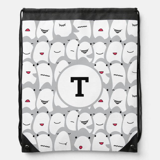 Funny Sharks Monogram Drawstring Backpack (Front)