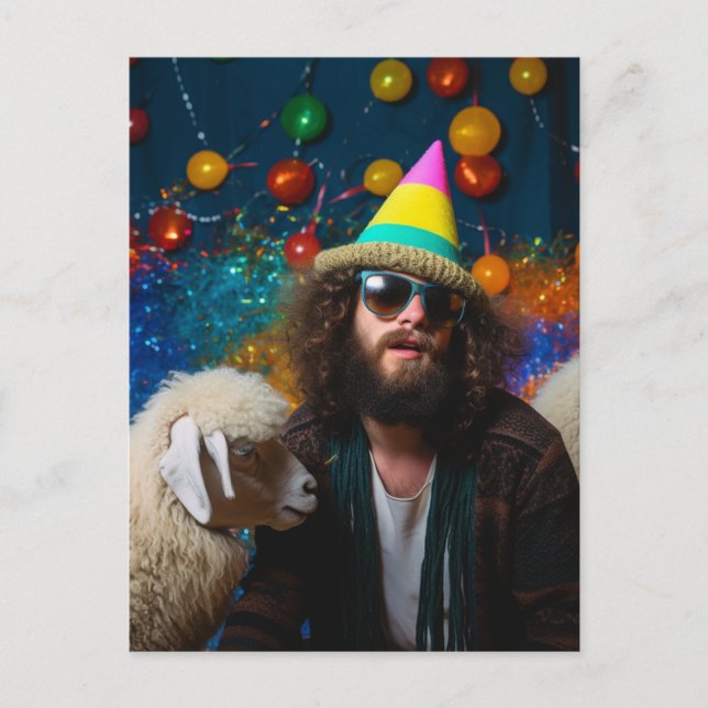 Funny Sheep and Jesus at a Colorful Birthday Party Postcard (Front)