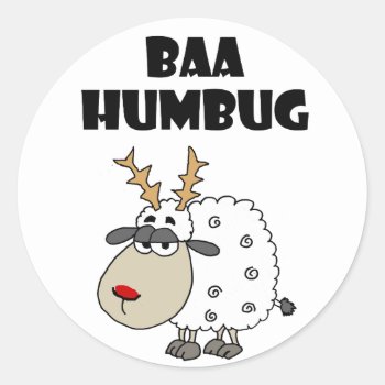 Funny Sheep Bah Humbug Christmas Pun Cartoon Classic Round Sticker by ChristmasSmiles at Zazzle
