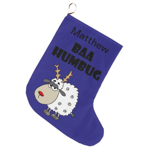 Funny Sheep Bah Humbug Christmas Pun Cartoon Large Christmas Stocking