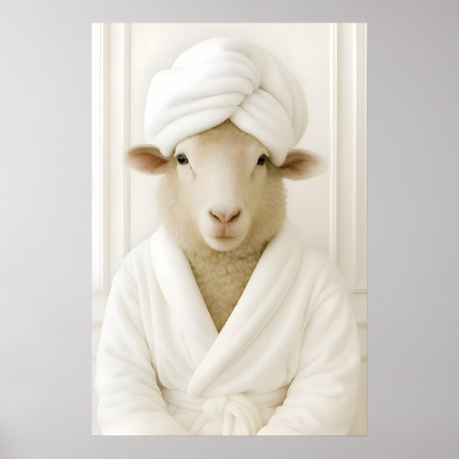 Funny Sheep Bathroom Print, Sheep In Bathrobe Poster (Front)