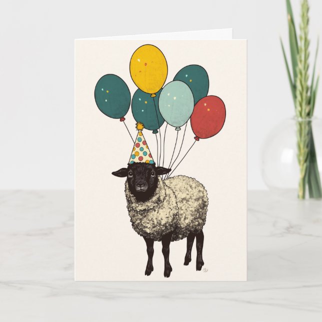 Funny Sheep Birthday Card – Cute Lamb with Balloon (Front)