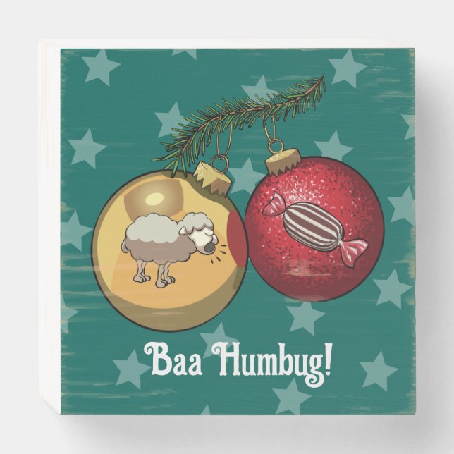 Funny Sheep Christmas Candy Baa Humbug Cartoon Wooden Box Sign (Front Horizontal)