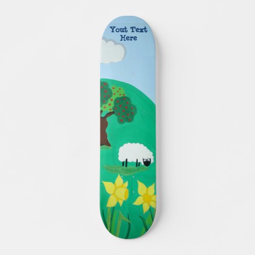 funny sheep grazing blue sky scenic illustration skateboard deck
