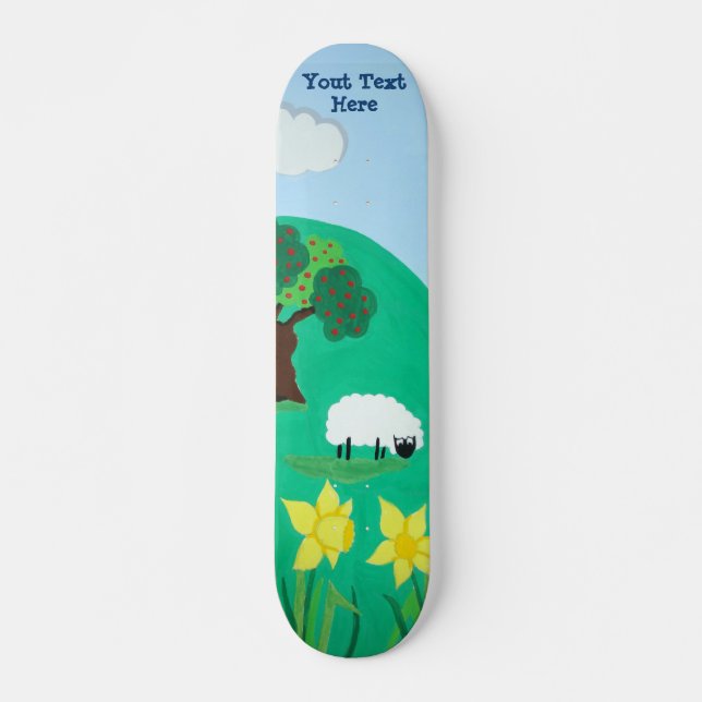 funny sheep grazing blue sky scenic illustration skateboard deck (Front)